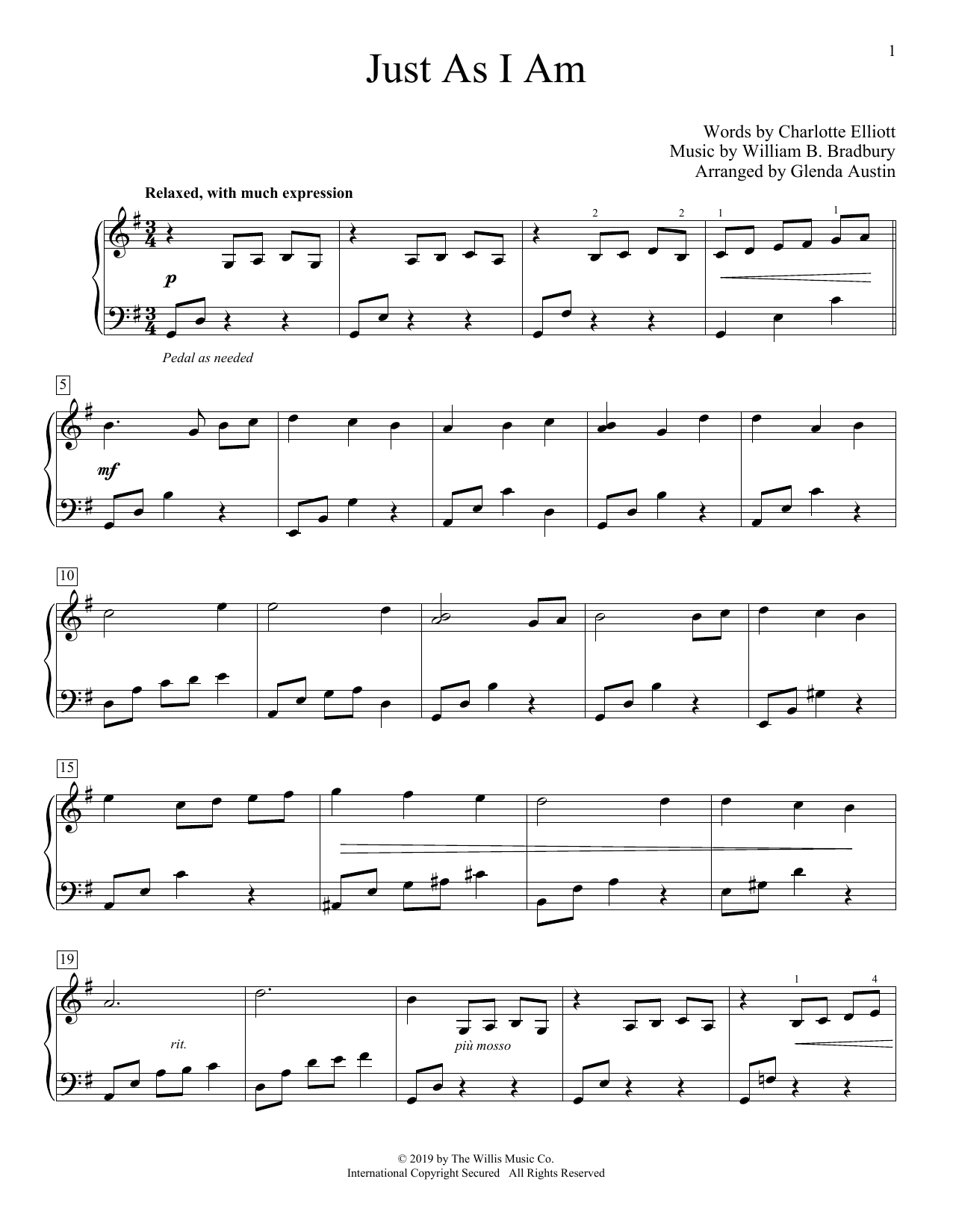Charlotte Elliott Just As I Am (arr. Glenda Austin) Sheet Music
