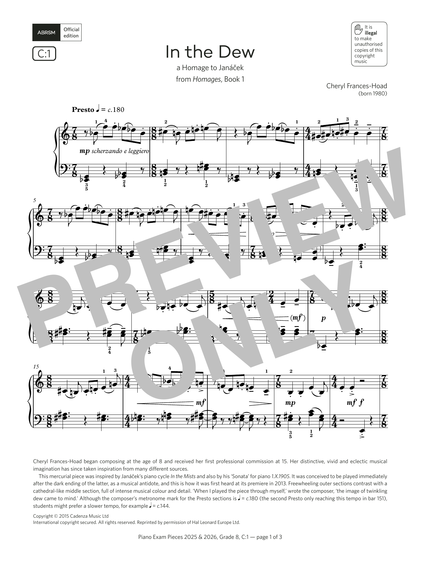 Cheryl Frances-Hoad In the Dew (Grade 8, list C1, from the ABRSM Piano Syllabus 2025 & 2026) Sheet Music