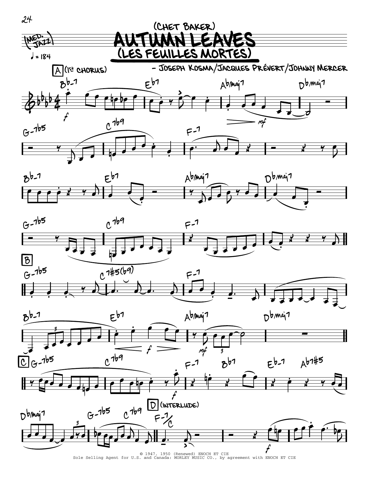 Chet Baker Autumn Leaves (solo only) Sheet Music