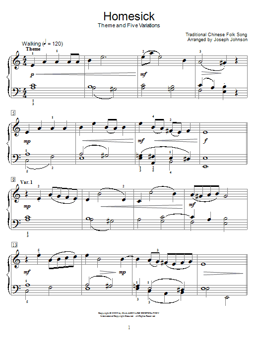 Chinese Folksong Homesick (Theme And Five Variations) (arr. Joseph Johnson) Sheet Music