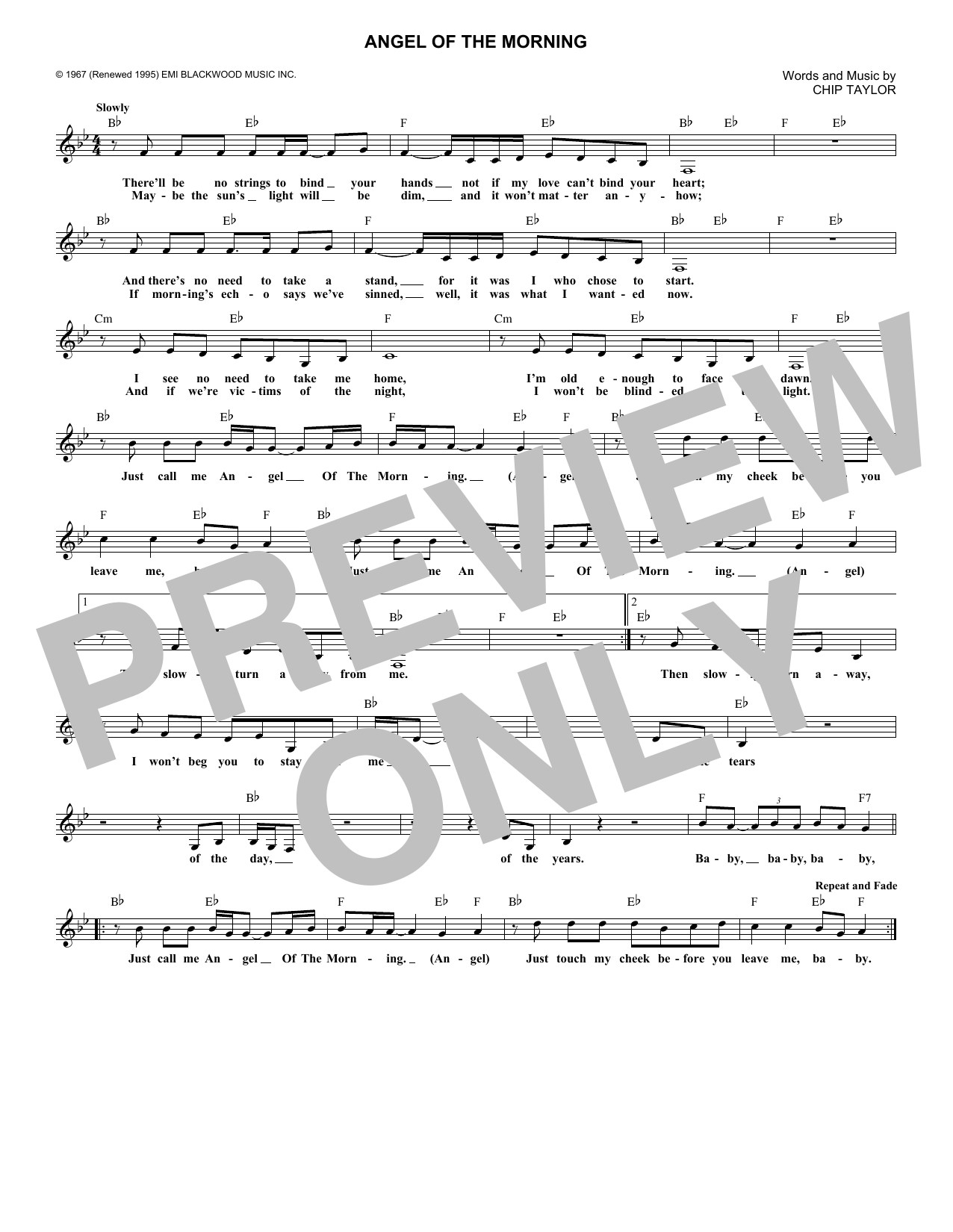Chip Taylor Angel Of The Morning Sheet Music