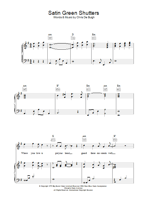 Chris de Burgh Satin Green Shutters Sheet Music