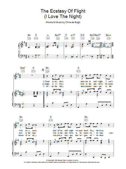 Chris de Burgh The Ecstasy Of Flight (I Love The Night) Sheet Music