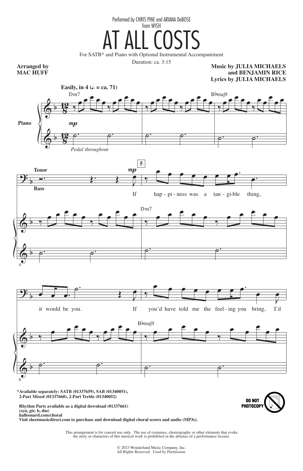 Chris Pine and Ariana DeBose At All Costs (from Wish) (arr. Mac Huff) Sheet Music