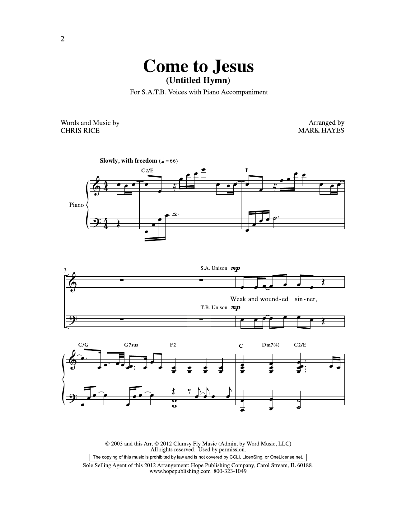 Chris Rice Come to Jesus (Untitled Hymn) (arr. Mark Hayes) Sheet Music