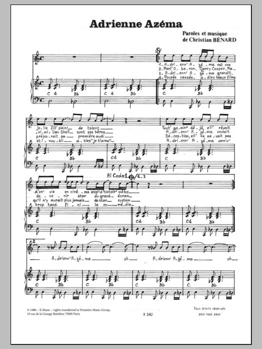 Christian Benard ADRIENNE AZEMA Sheet Music