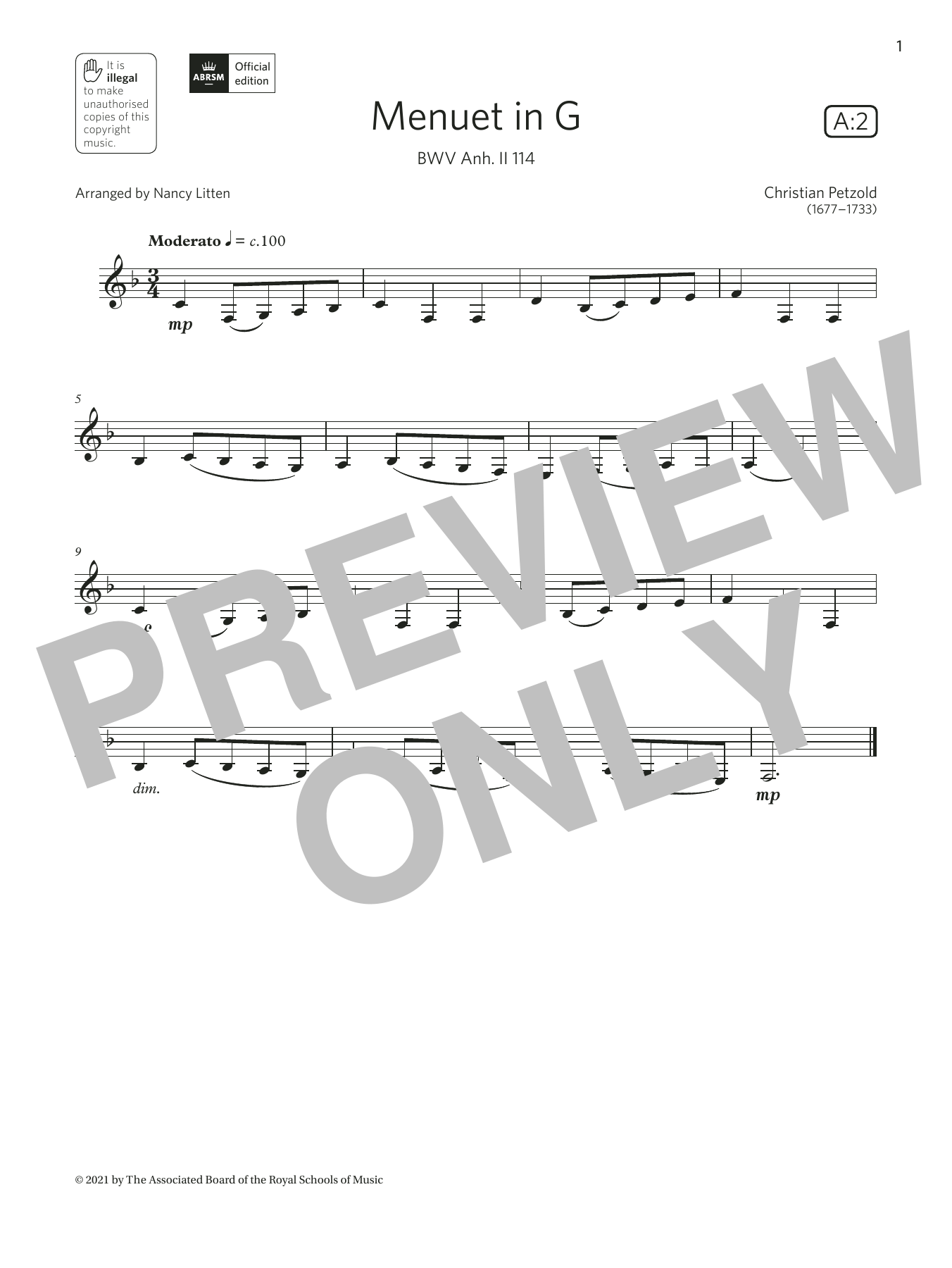 Christian Petzold Menuet in G, BWV Anh. II 114 (Grade 1 List A2 from the ABRSM Clarinet syllabus Sheet Music
