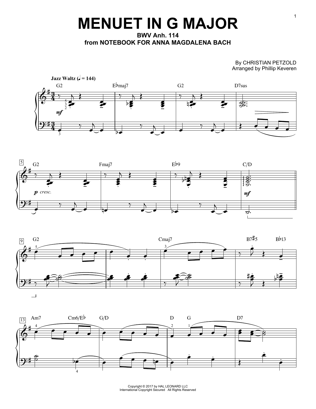 Christian Petzold Menuet In G Major, BMV Anh. 114 [Jazz version] (arr. Phillip Keveren) Sheet Music