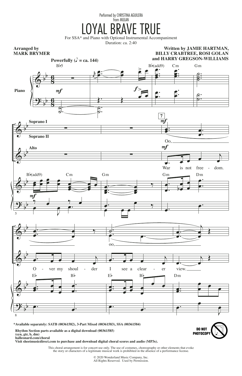 Christina Aguilera Loyal Brave True (from Mulan) (arr. Mark Brymer) Sheet Music