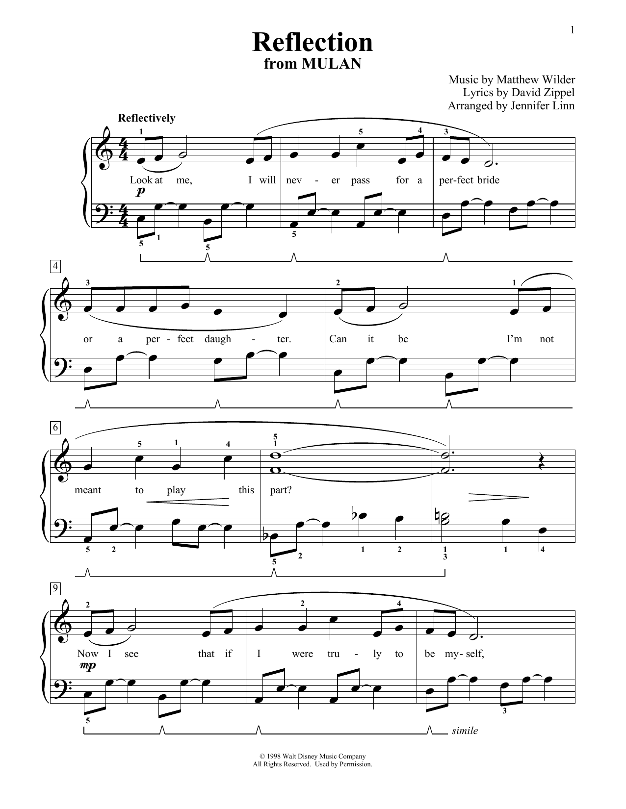 Christina Aguilera Reflection (from Mulan) (arr. Jennifer Linn) Sheet Music