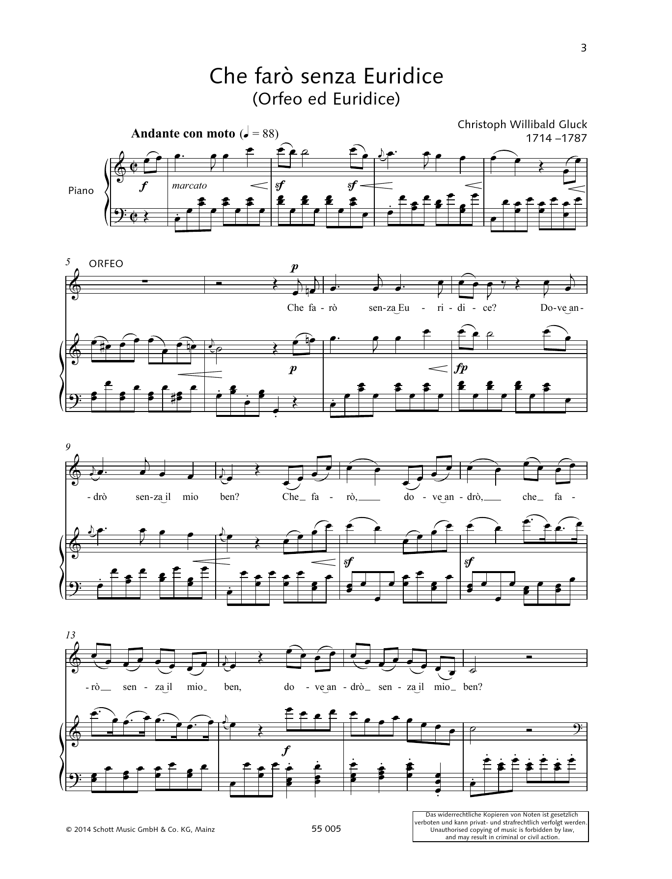 Christoph Willibald Gluck Che farò senza Euridice Sheet Music