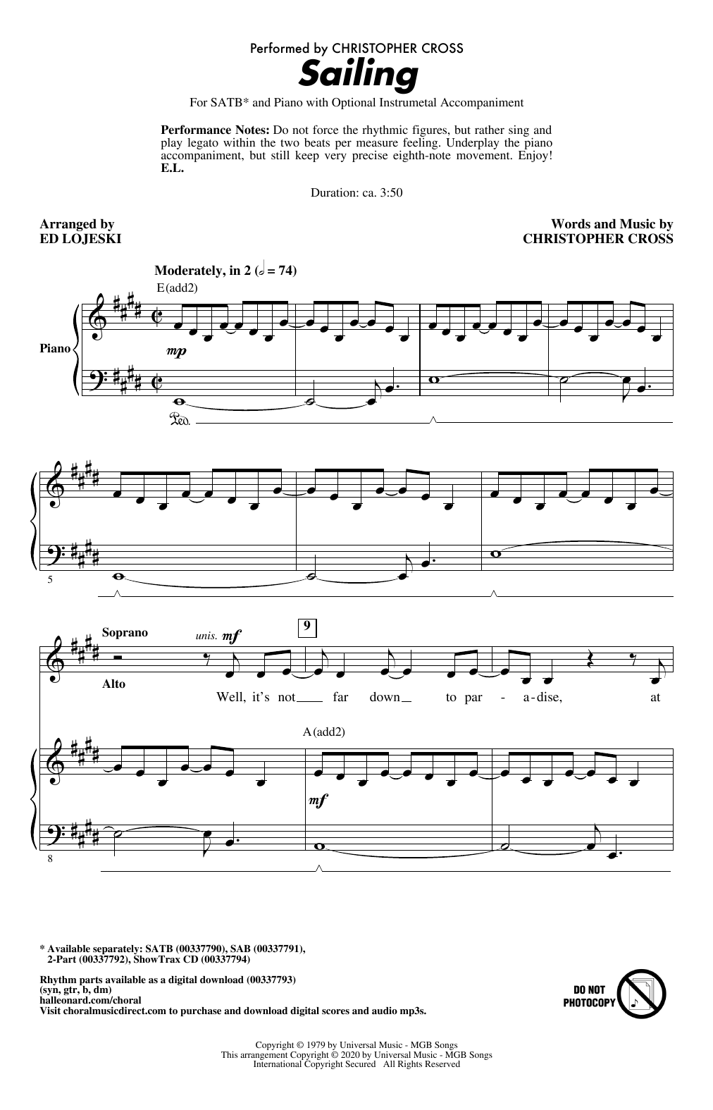 Christopher Cross Sailing (arr. Ed Lojeski) Sheet Music
