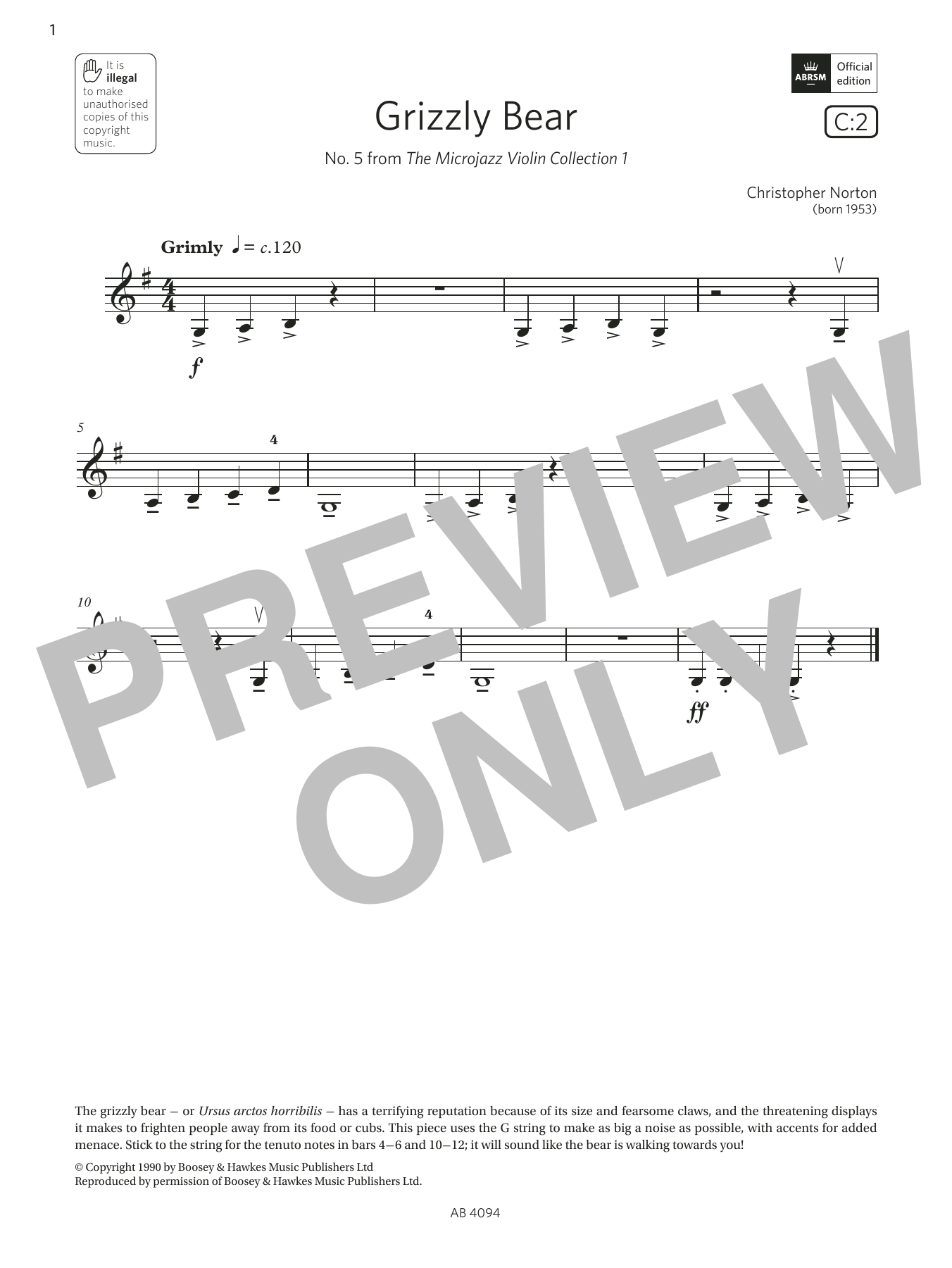 Christopher Norton Grizzly Bear (Grade Initial, C2, from the ABRSM Violin Syllabus from 2024) Sheet Music