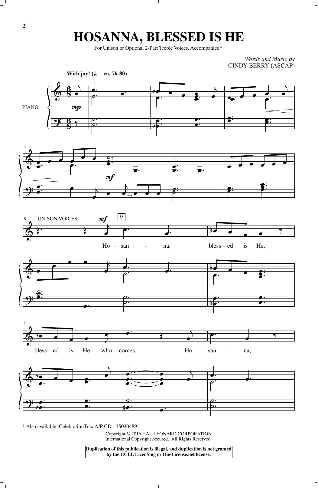 Cindy Berry Hosanna, Blessed Is He Sheet Music
