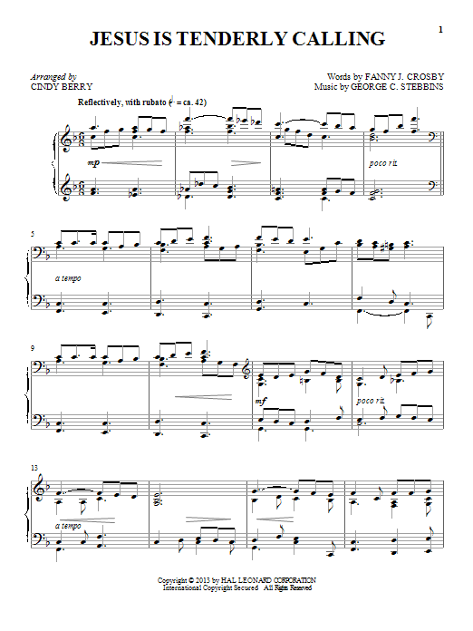 Cindy Berry Jesus Is Tenderly Calling Sheet Music
