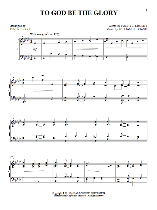 Cindy Berry To God Be The Glory Sheet Music