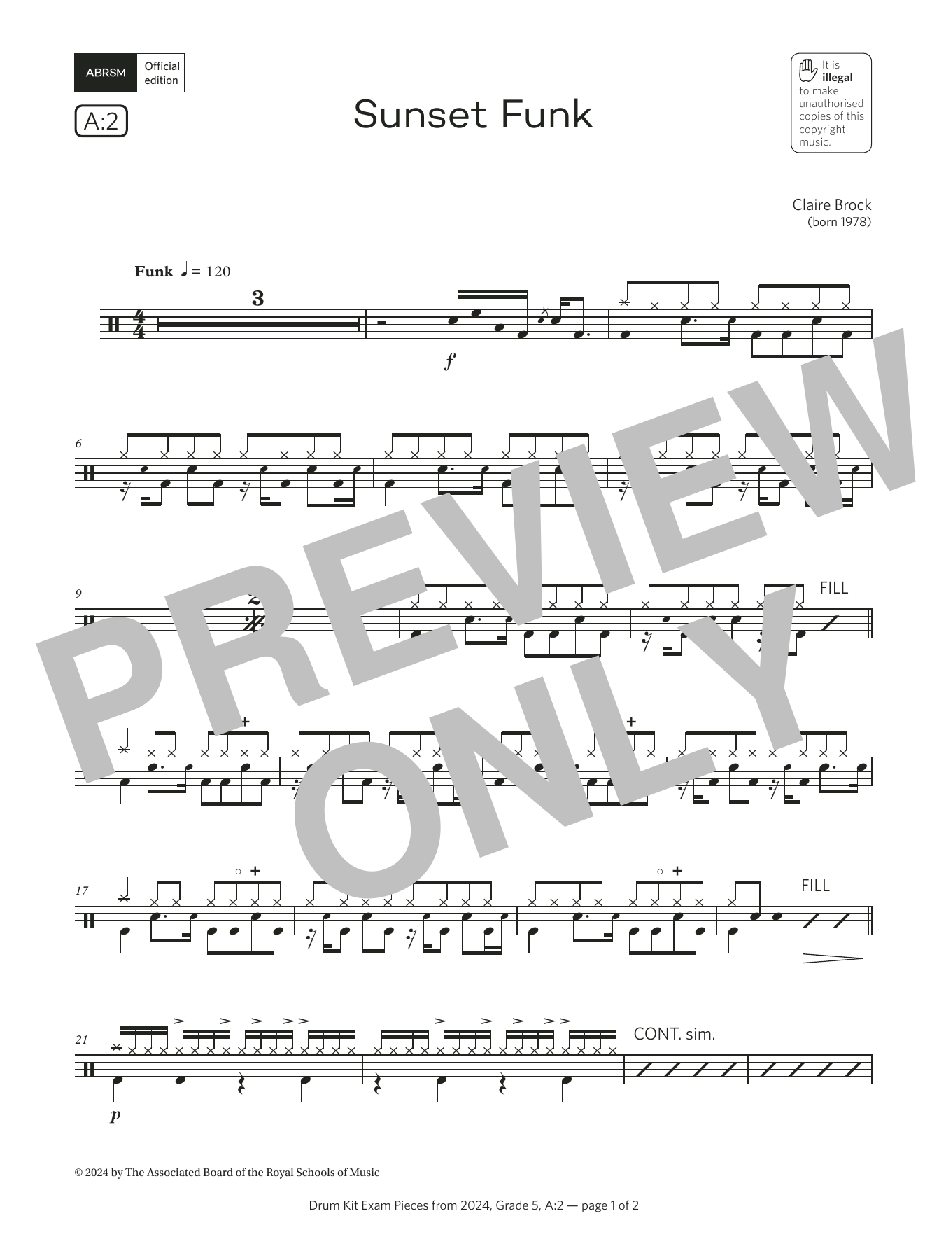 Claire Brock Sunset Funk (Grade 5, list A2, from the ABRSM Drum Kit Syllabus 2024) Sheet Music