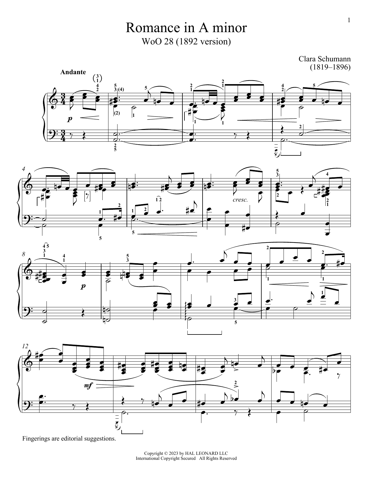 Clara Schumann Romance in A minor, WoO 28 Sheet Music