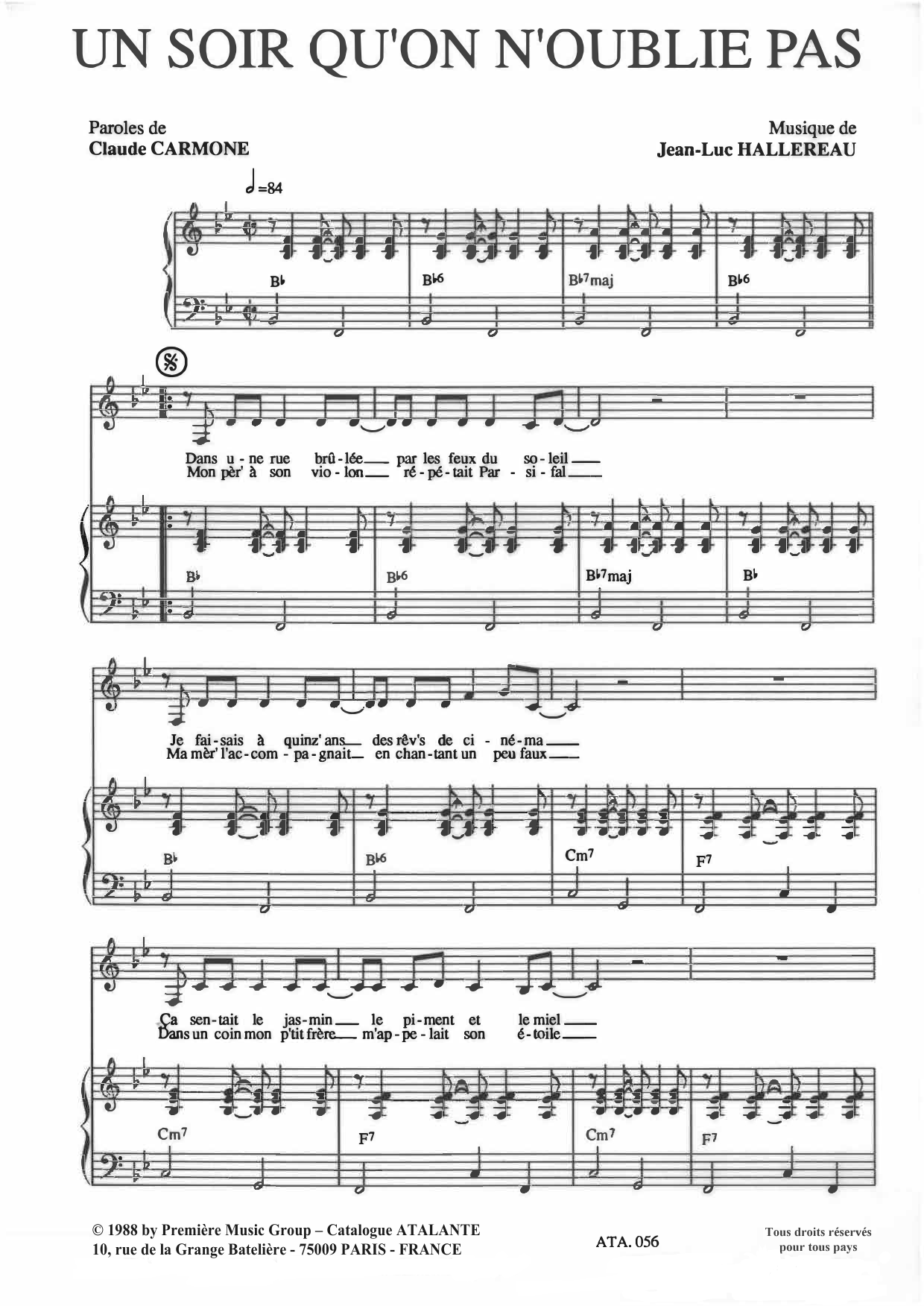 Claude Carmone & Jean-Luc Hallereau Un soir qu'on n'oublie pas Sheet Music