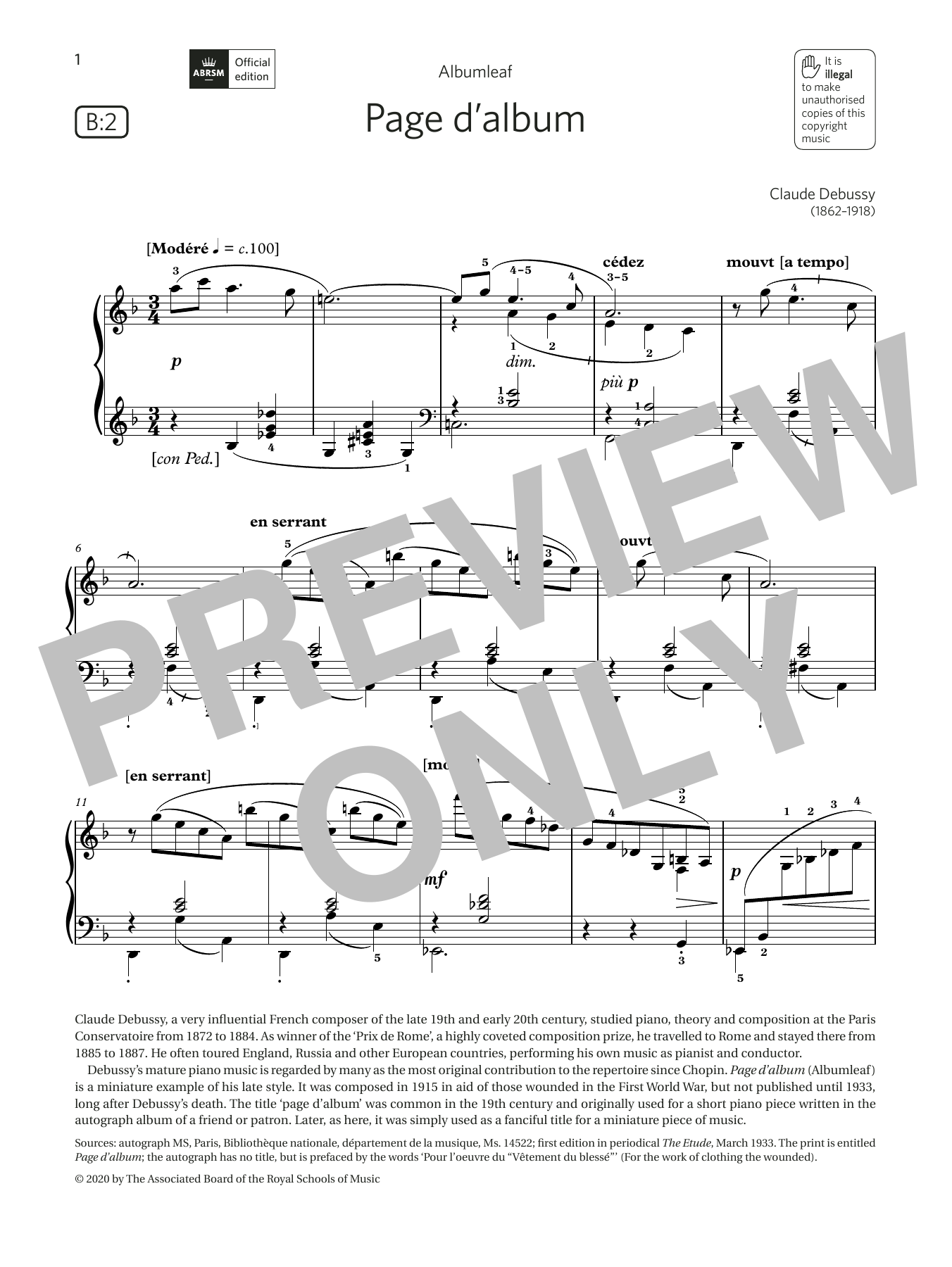 Claude Debussy Page d'album (Grade 6, list B2, from the ABRSM Piano Syllabus 2021 & 2022) Sheet Music