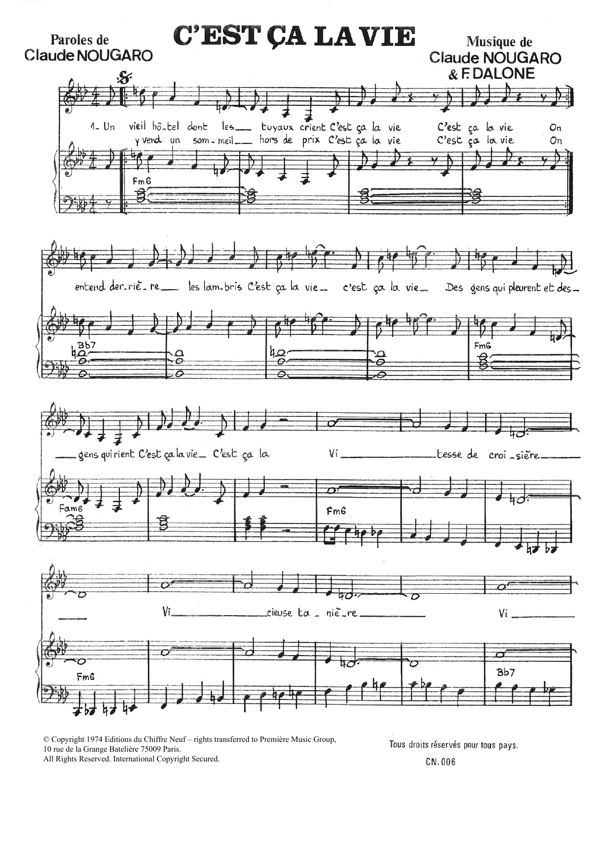 Claude Nougaro C'est Ca La Vie Sheet Music