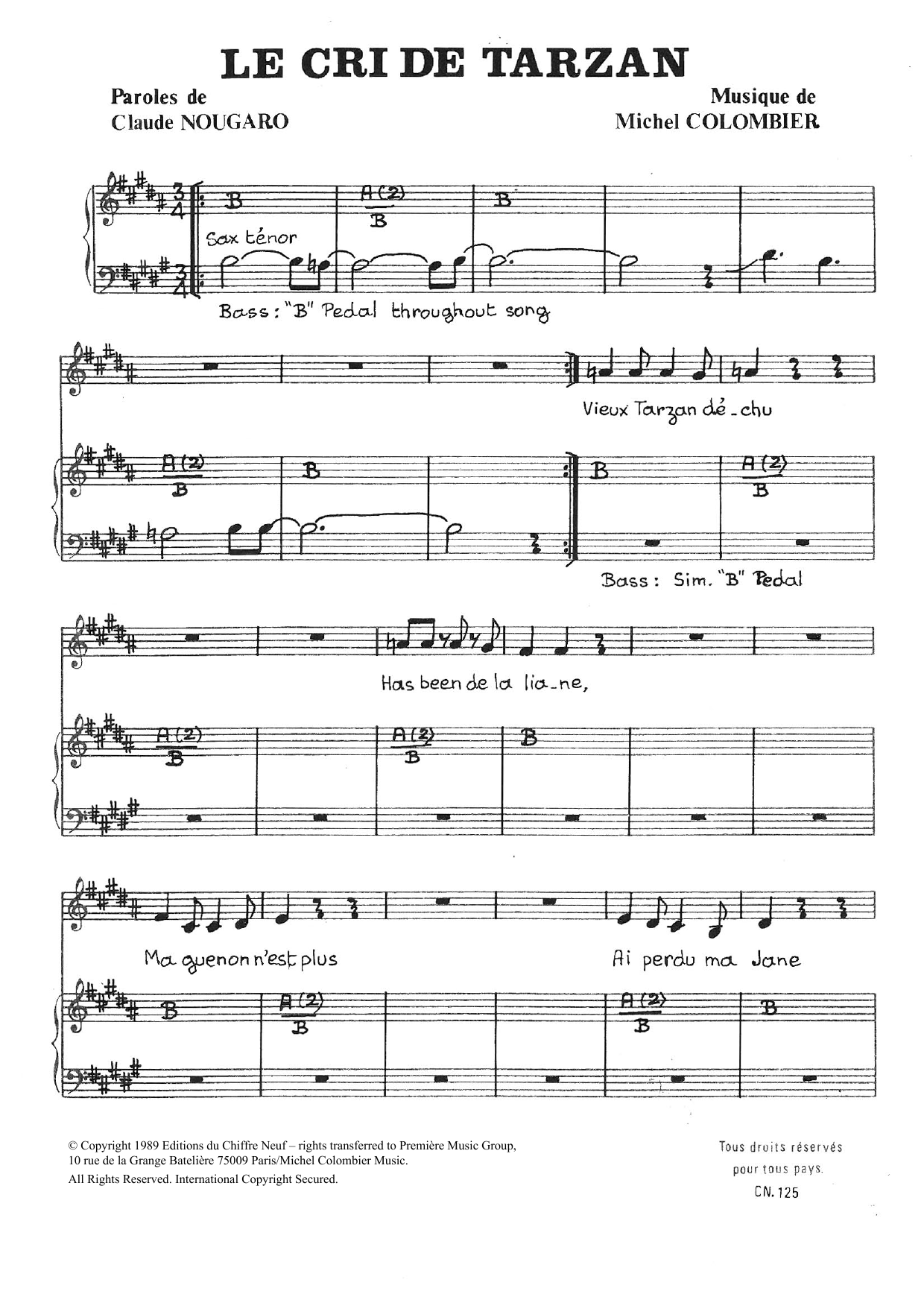 Claude Nougaro Cri De Tarzan Sheet Music