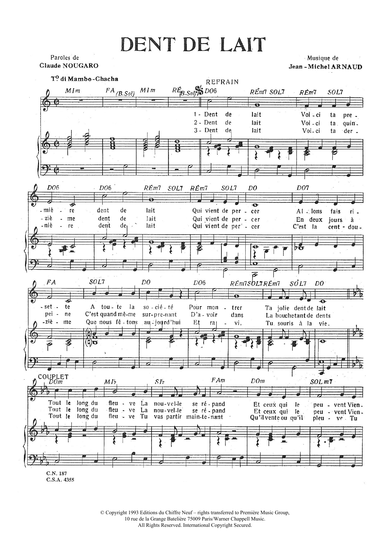 Claude Nougaro Dent De Lait Sheet Music