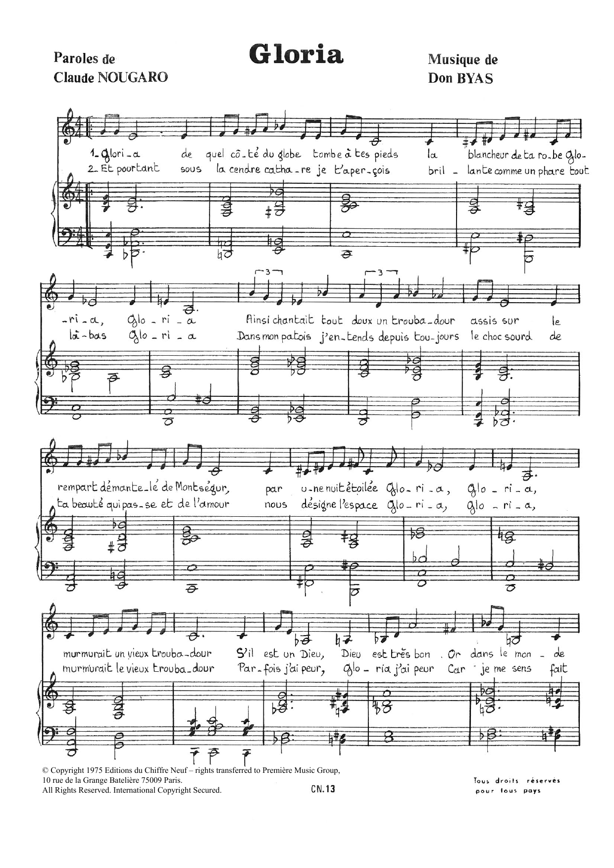 Claude Nougaro Gloria Sheet Music