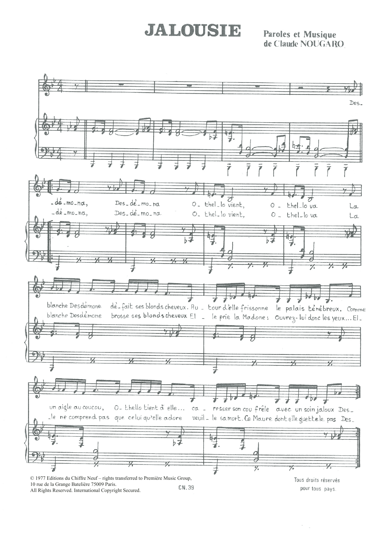 Claude Nougaro Jalousie Sheet Music