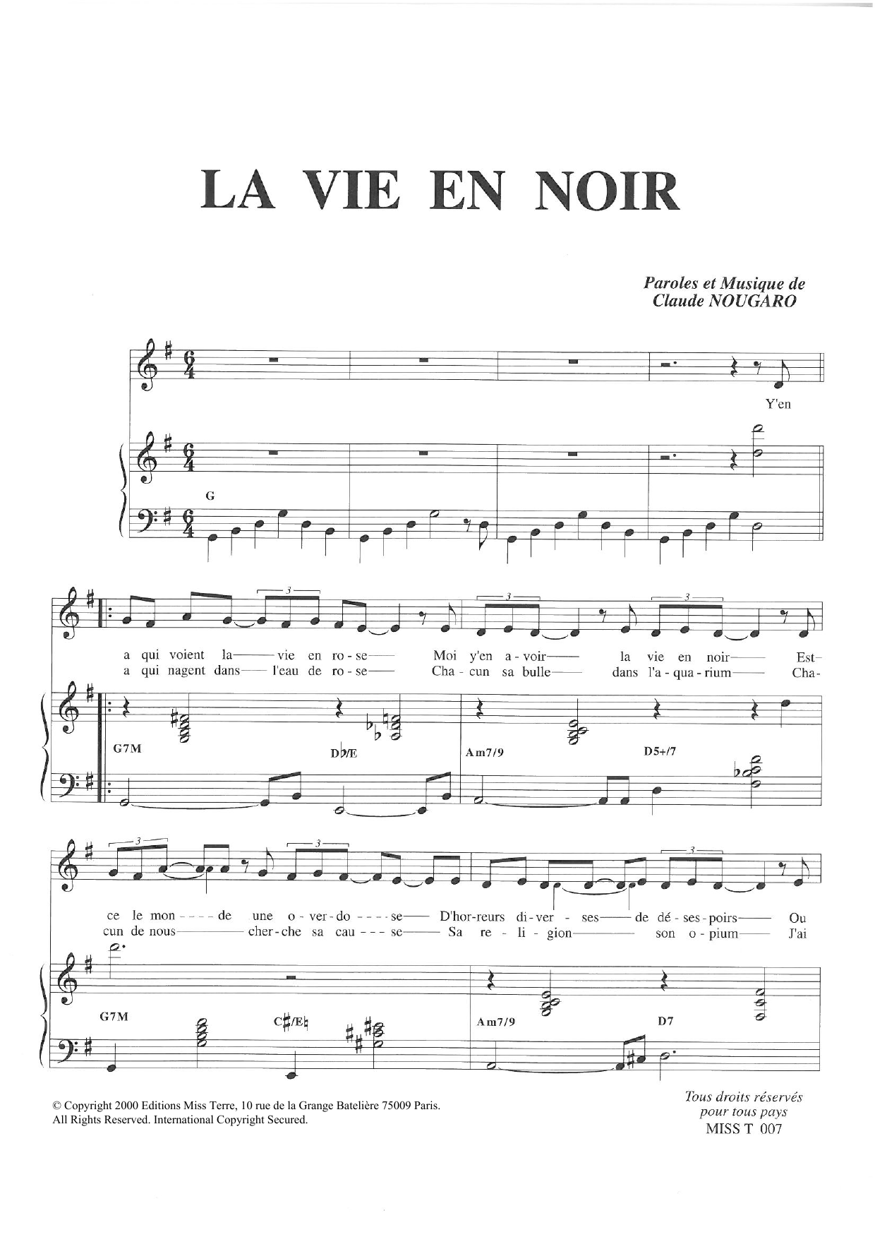 Claude Nougaro La Vie En Noir Sheet Music