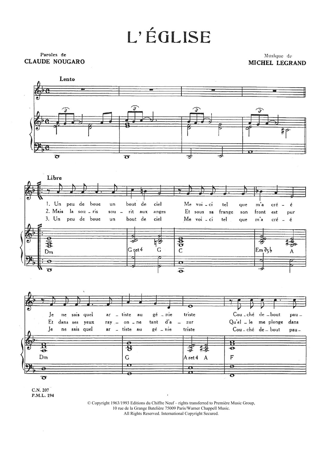 Claude Nougaro L'eglise Sheet Music