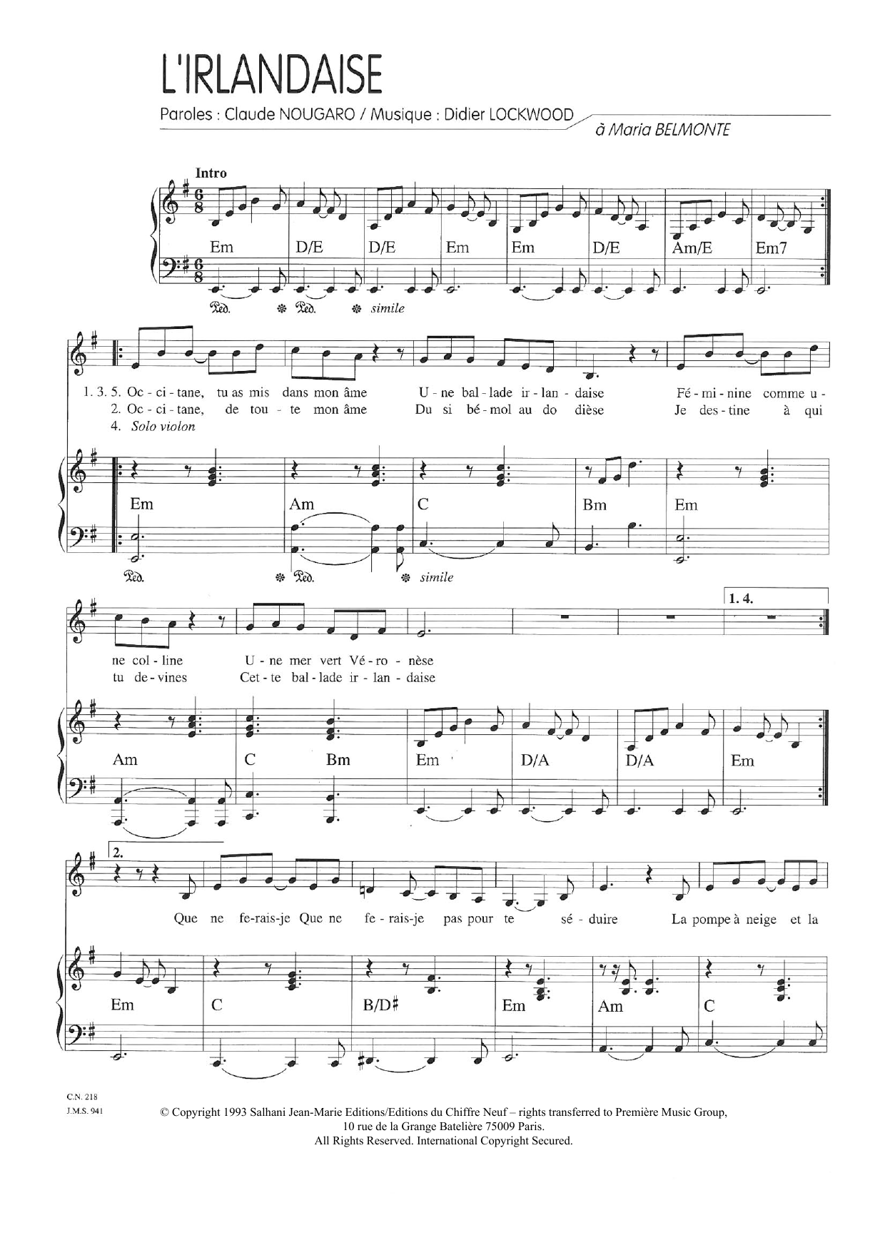 Claude Nougaro L'Irlandaise Sheet Music