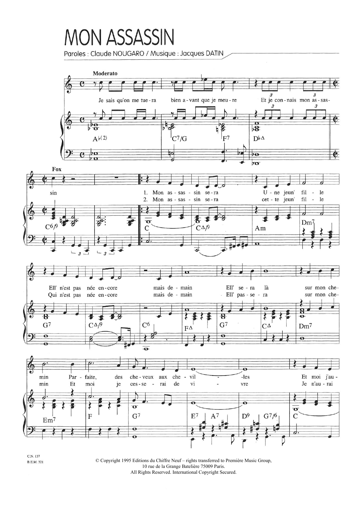 Claude Nougaro Mon Assassin Sheet Music