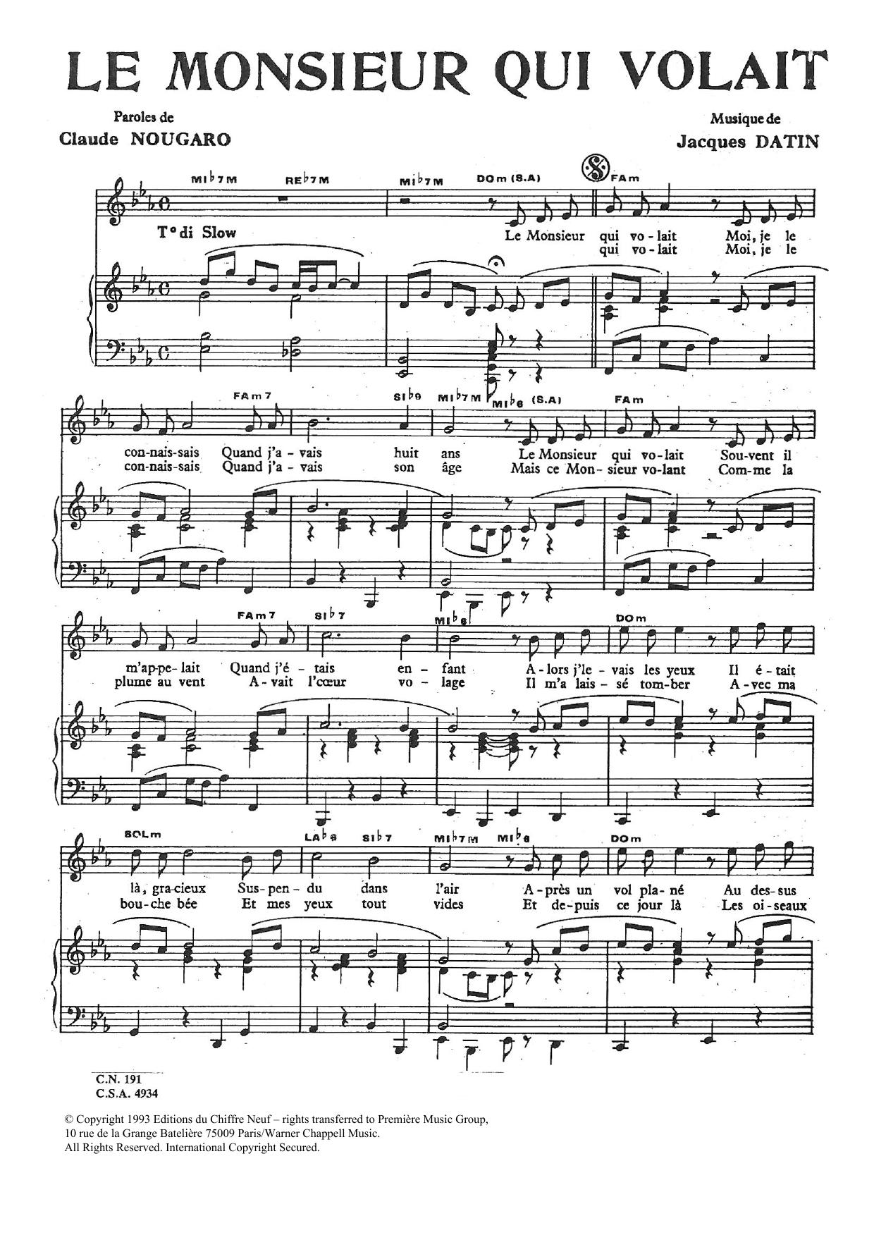 Claude Nougaro Monsieur Qui Volait Sheet Music