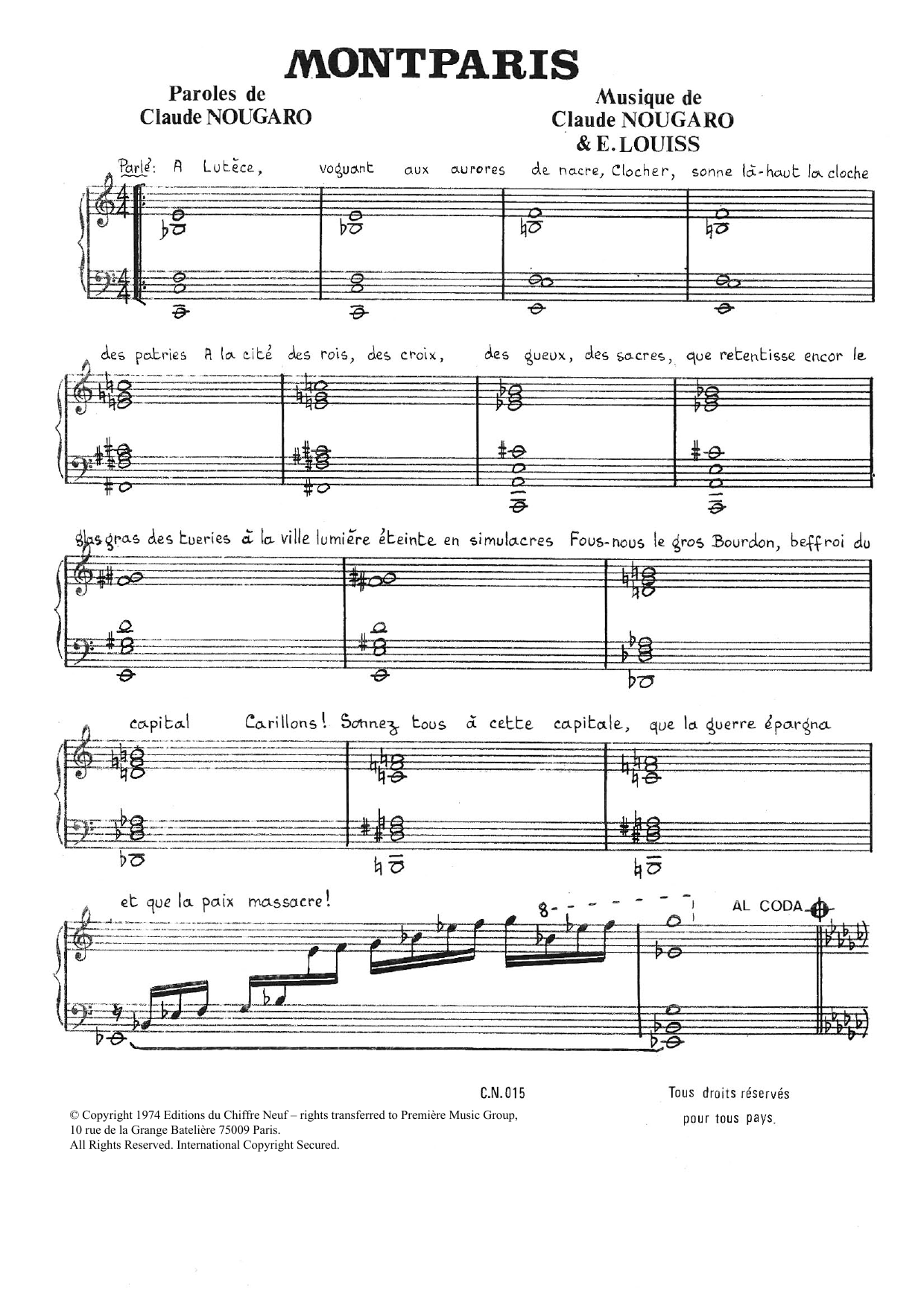 Claude Nougaro Montparis Sheet Music