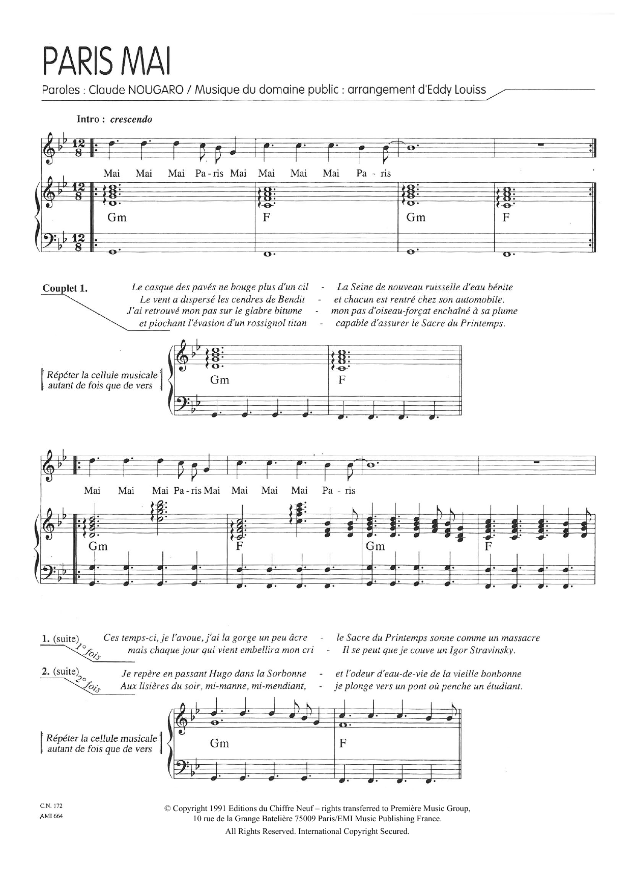 Claude Nougaro Paris Mai Sheet Music