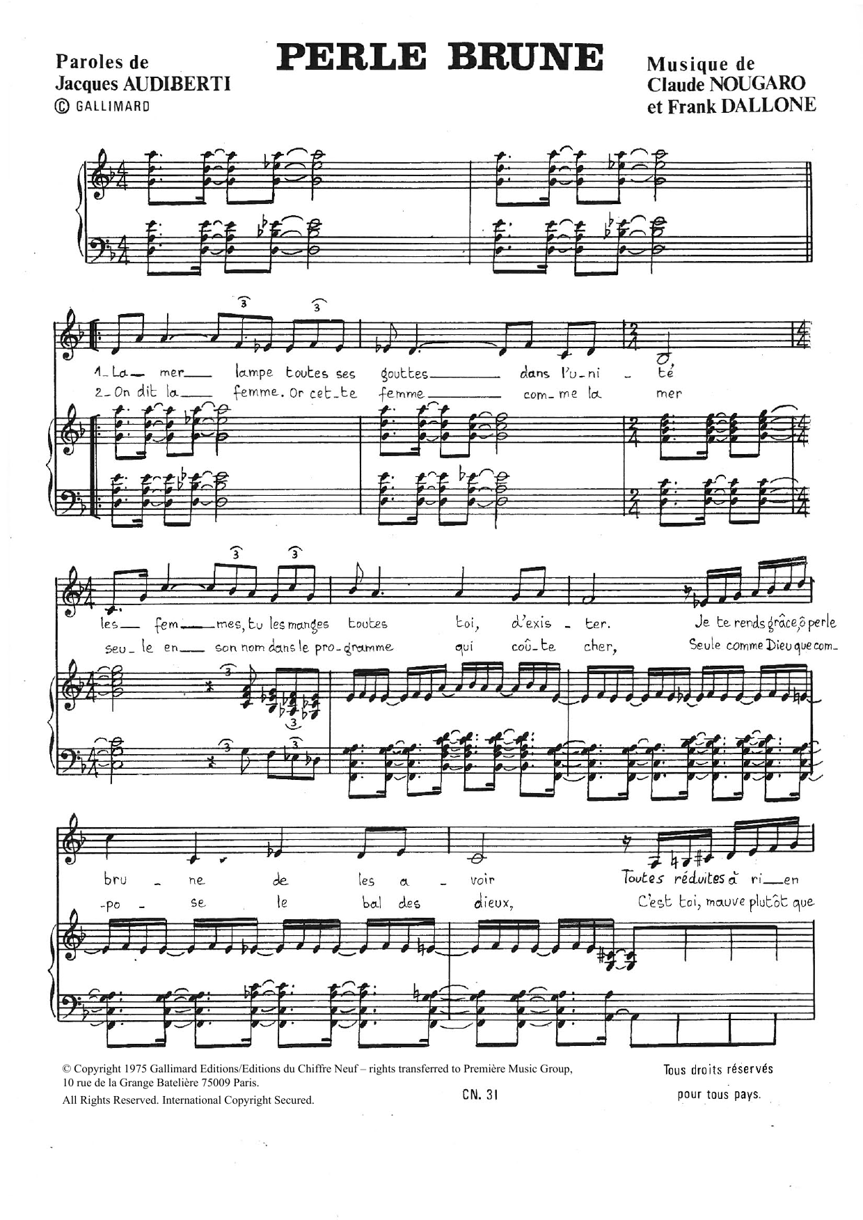 Claude Nougaro Perle Brune Sheet Music