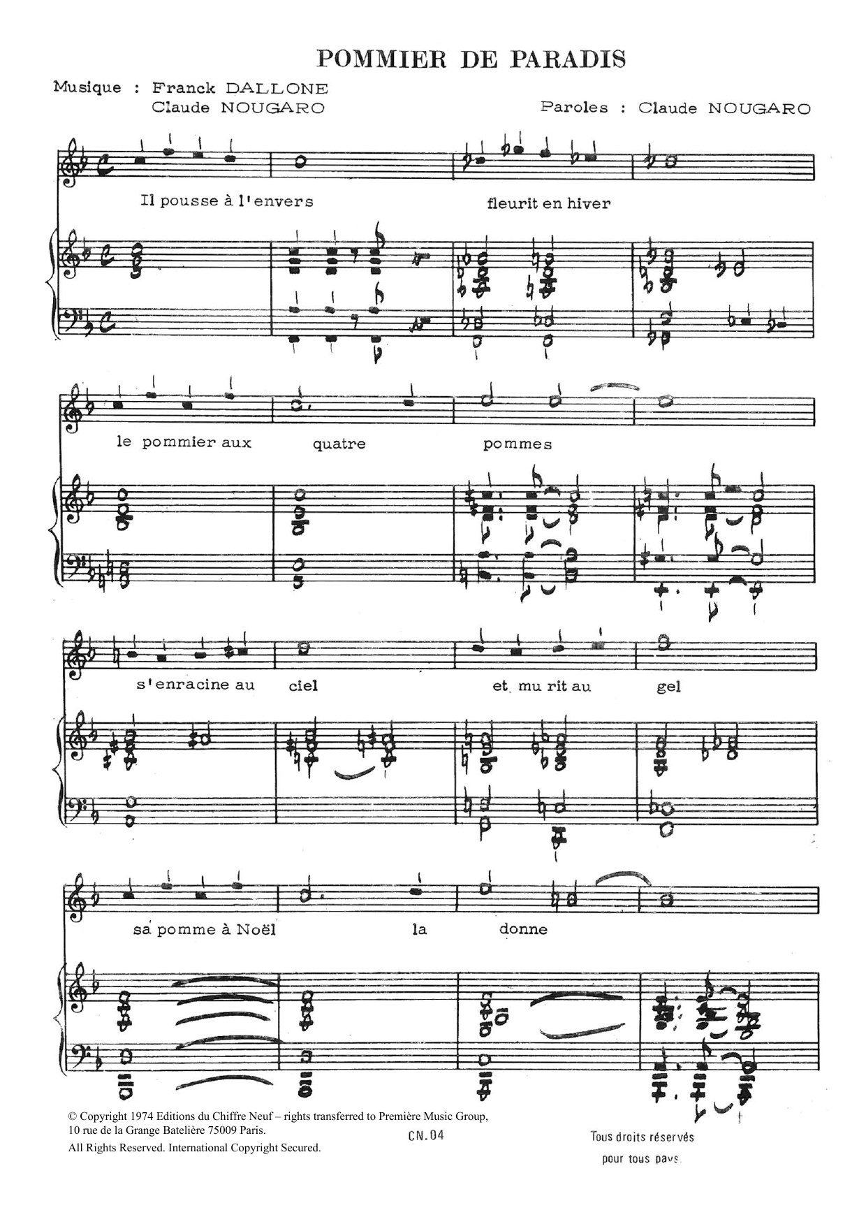 Claude Nougaro Pommier De Paradis Sheet Music