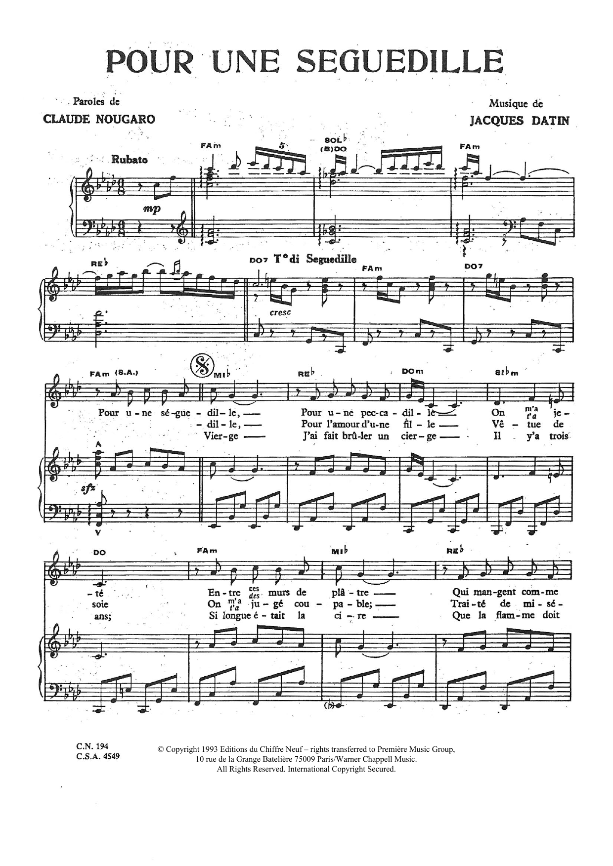 Claude Nougaro Pour Une Seguedille Sheet Music