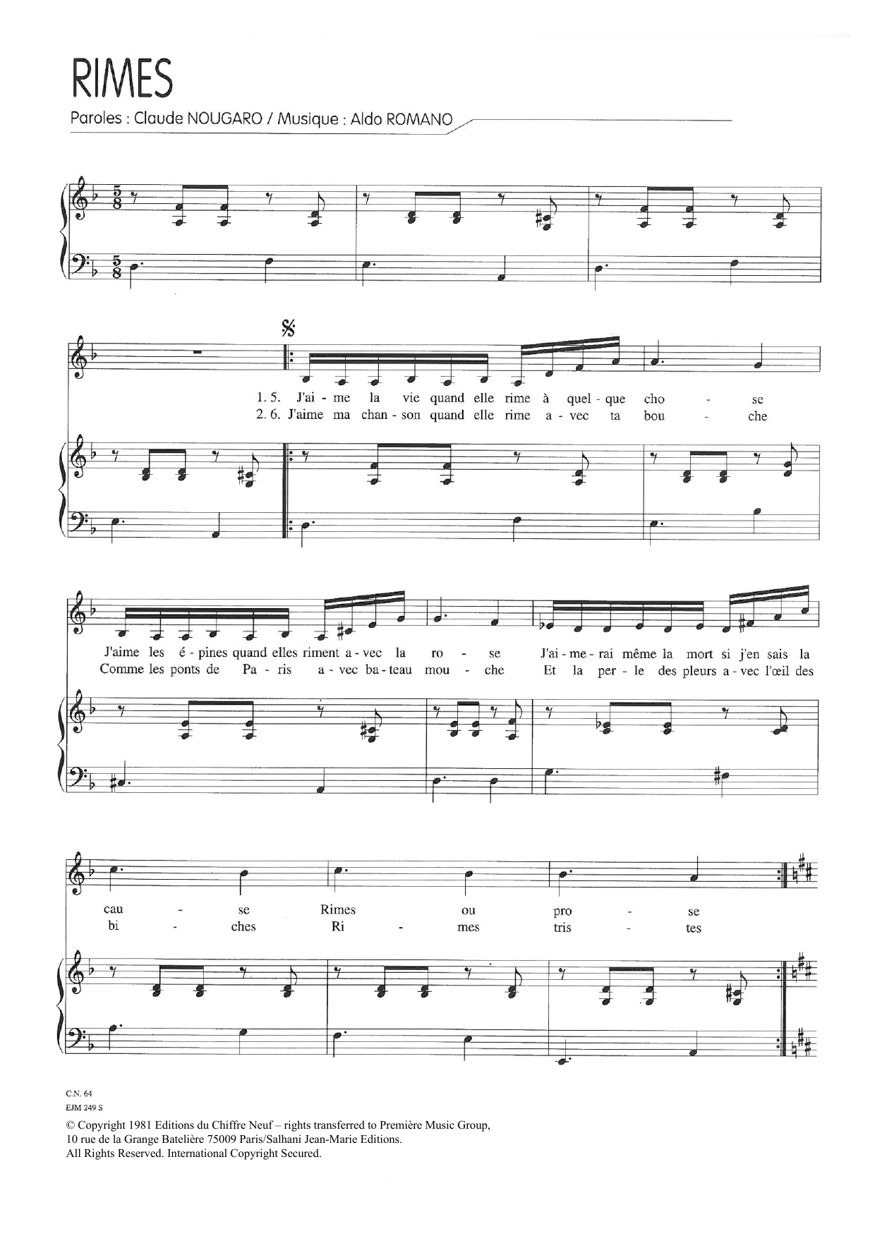 Claude Nougaro Rimes Sheet Music