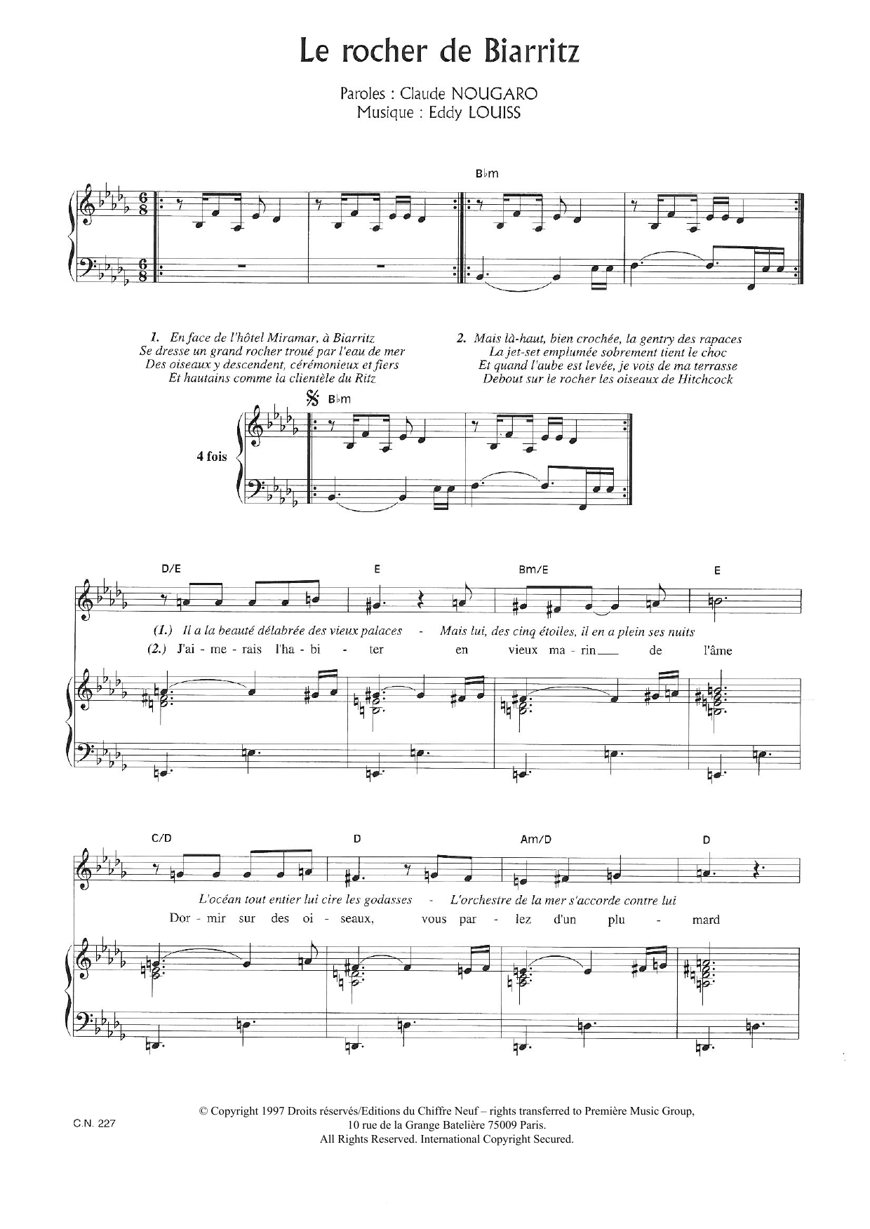 Claude Nougaro Rocher De Biarritz Sheet Music