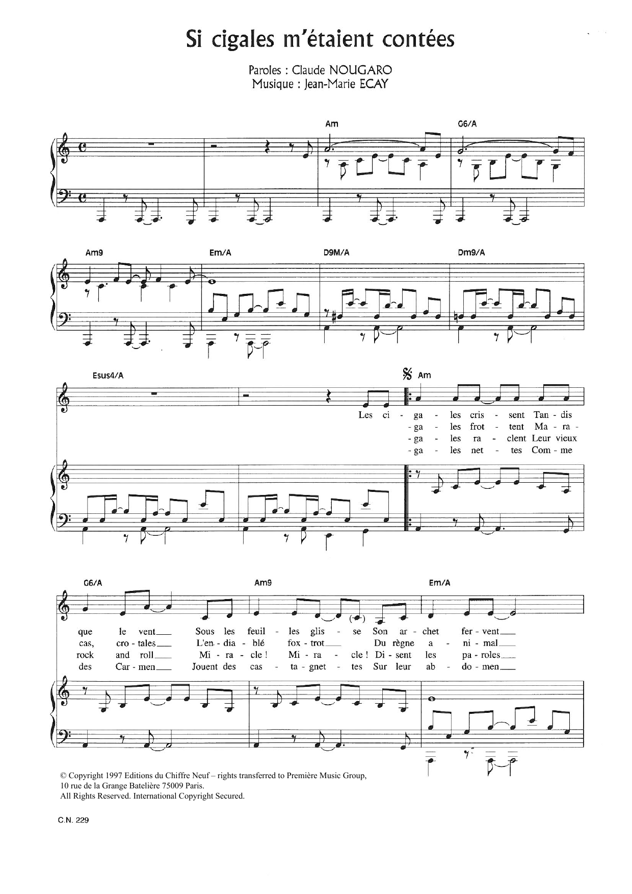 Claude Nougaro Si Cigales M'etaient Contees Sheet Music