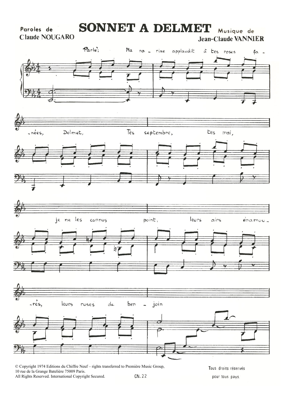Claude Nougaro Sonnet A Delmet Sheet Music