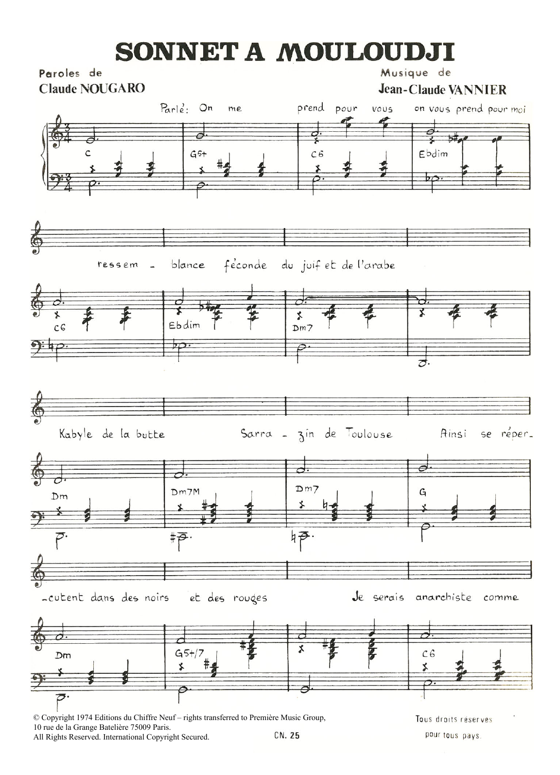 Claude Nougaro Sonnet A Mouloudji Sheet Music