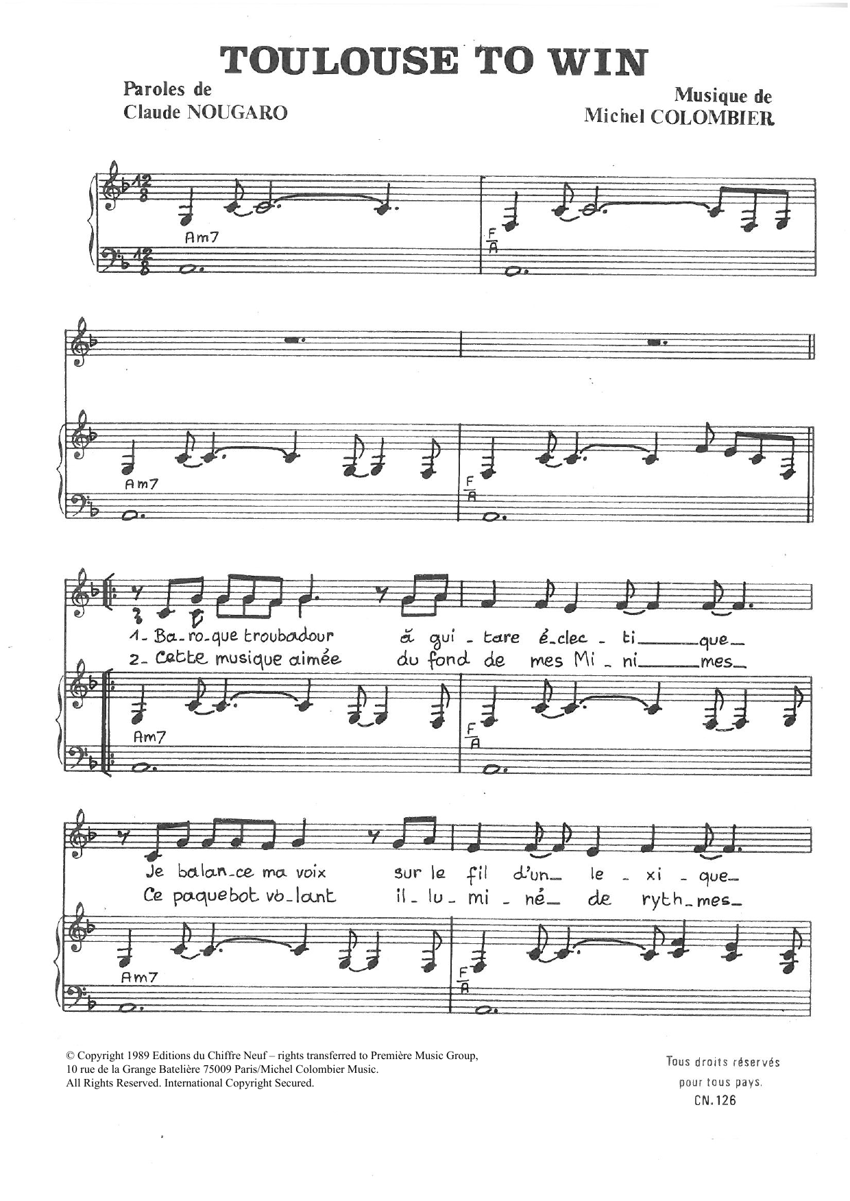 Claude Nougaro Toulouse To Win Sheet Music