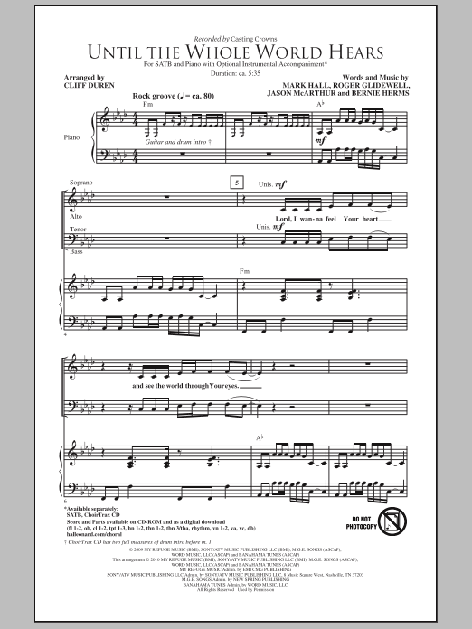 Cliff Duren Until The Whole World Hears Sheet Music
