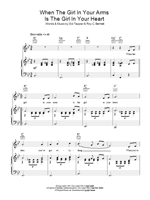 Cliff Richard When The Girl In Your Arms Is The Girl In Your Heart Sheet Music