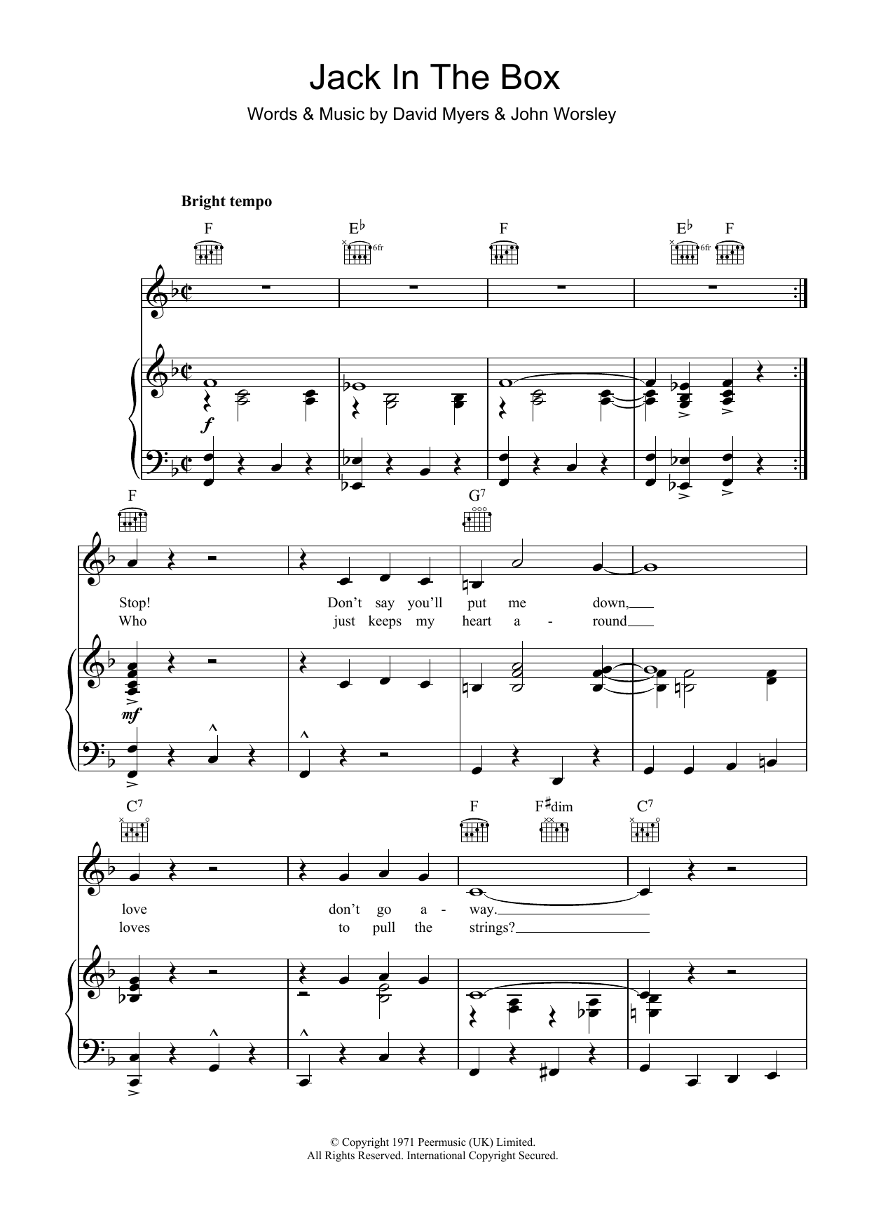 Clodagh Rodgers Jack In The Box Sheet Music