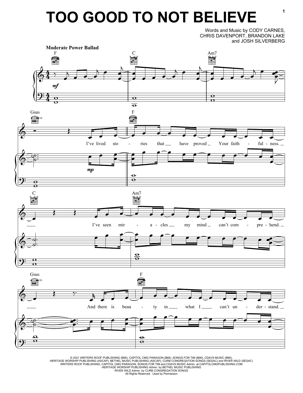 Cody Carnes Too Good To Not Believe (feat. Brandon Lake) Sheet Music