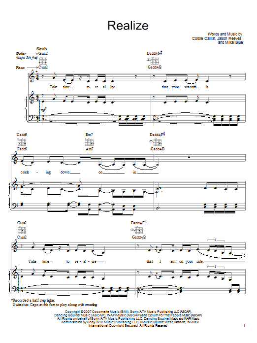 Colbie Caillat Realize Sheet Music